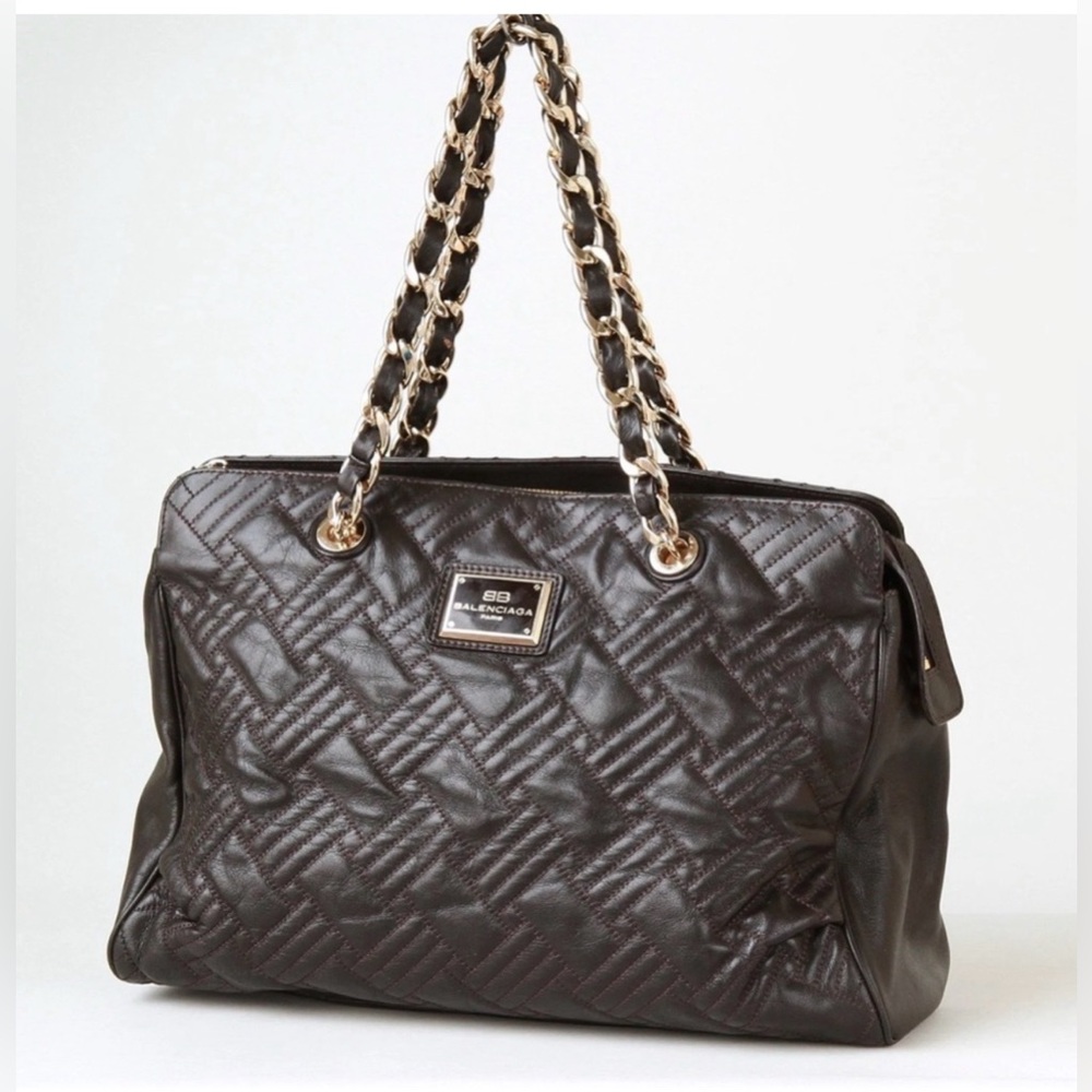 Balenciaga Dark Brown Chevron Quilted Leather Shoulder Bag (COA) - Picture 2 of 16